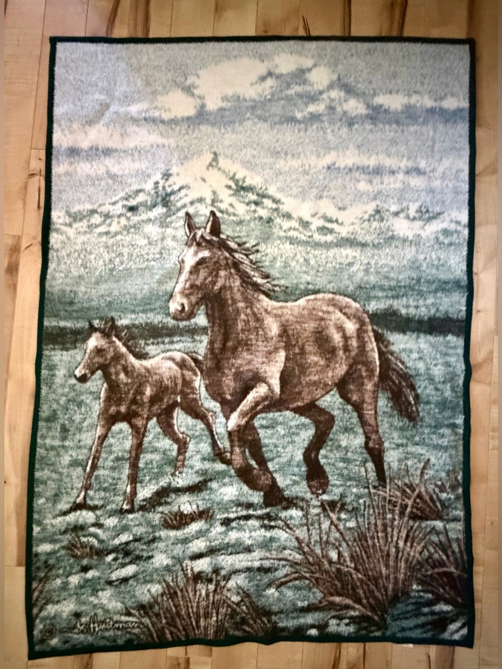 Vintage Biederlack reversible acrylic blanket with horses